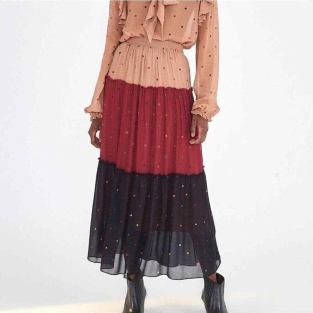 Exquisite Gift To You Polka Dot Print High Rise Layered Hem Maxi Skirt